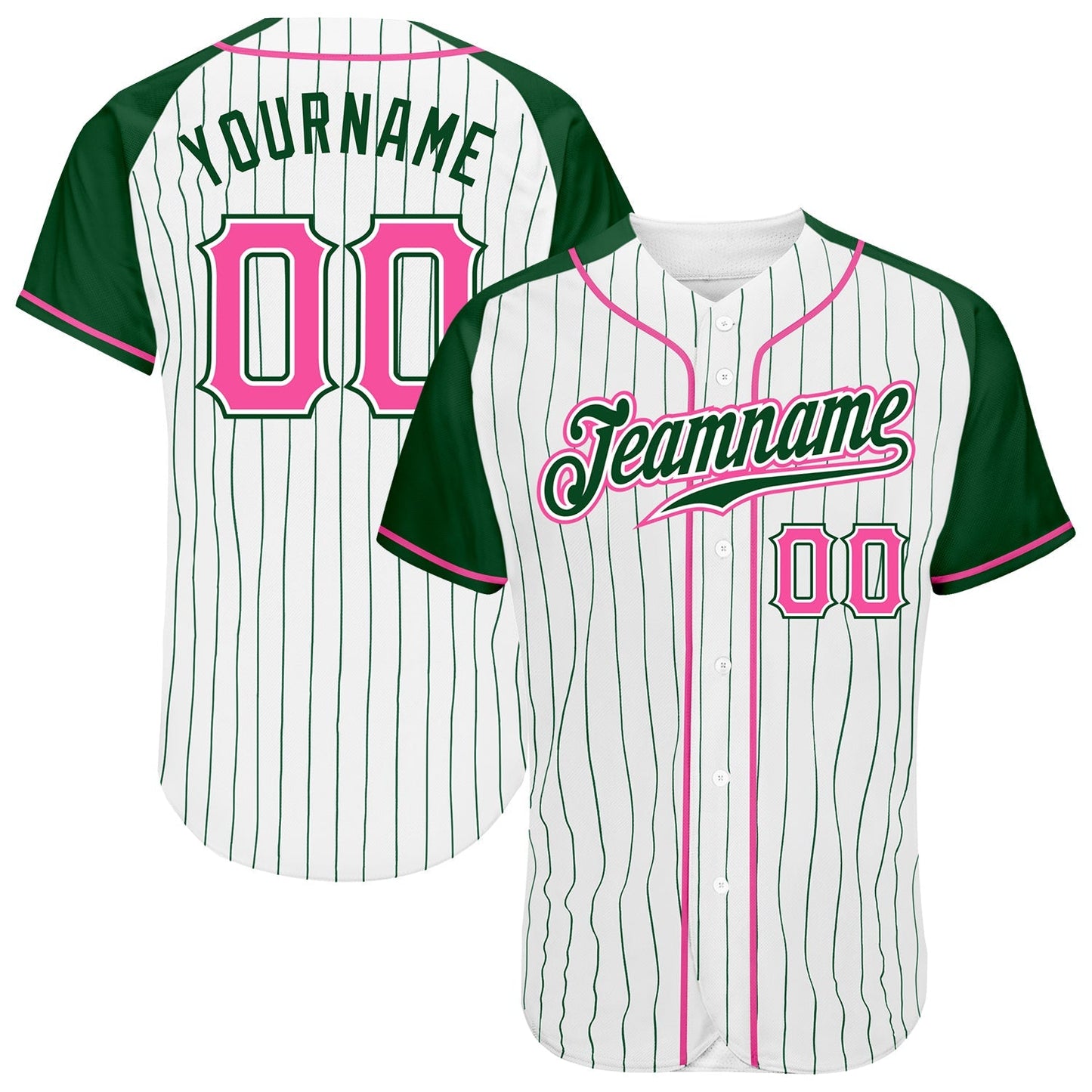 Custom White Green Pinstripe Pink-Green Authentic Raglan Sleeves Baseball Jersey baseball jersey product view 1