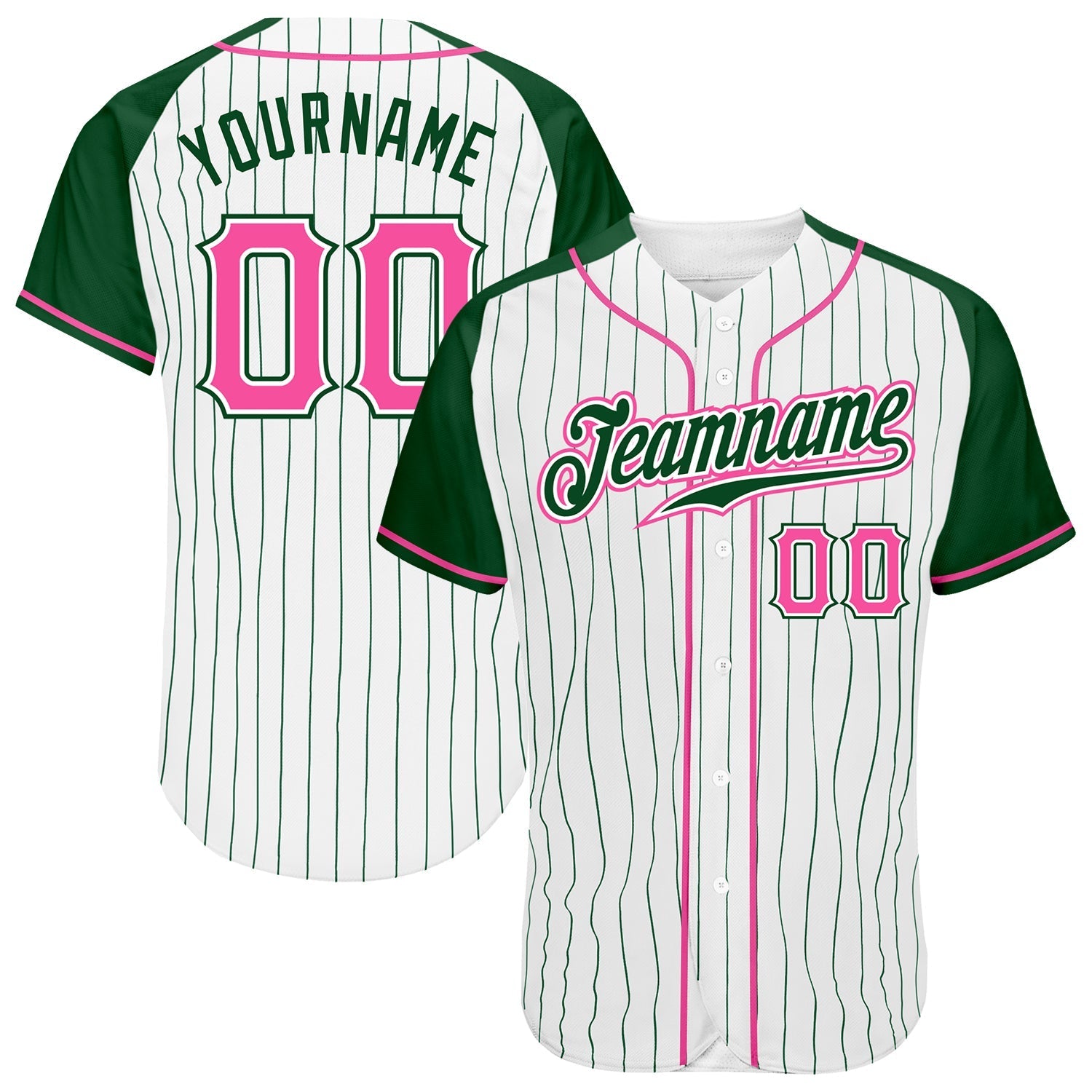 Custom White Green Pinstripe Pink-Green Authentic Raglan Sleeves Baseball Jersey baseball jersey product view 1