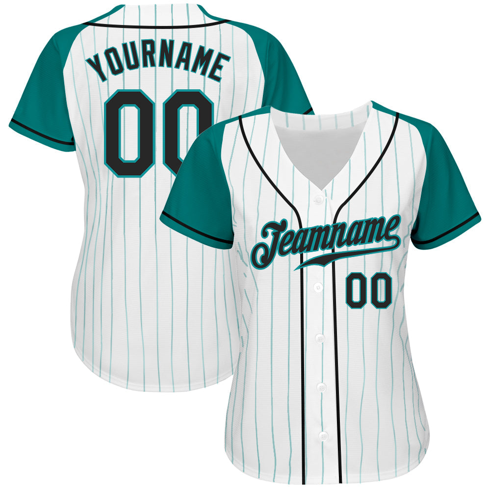 Custom White Aqua Pinstripe Black-Aqua Authentic Raglan Sleeves Baseball Jersey baseball jersey product view 2