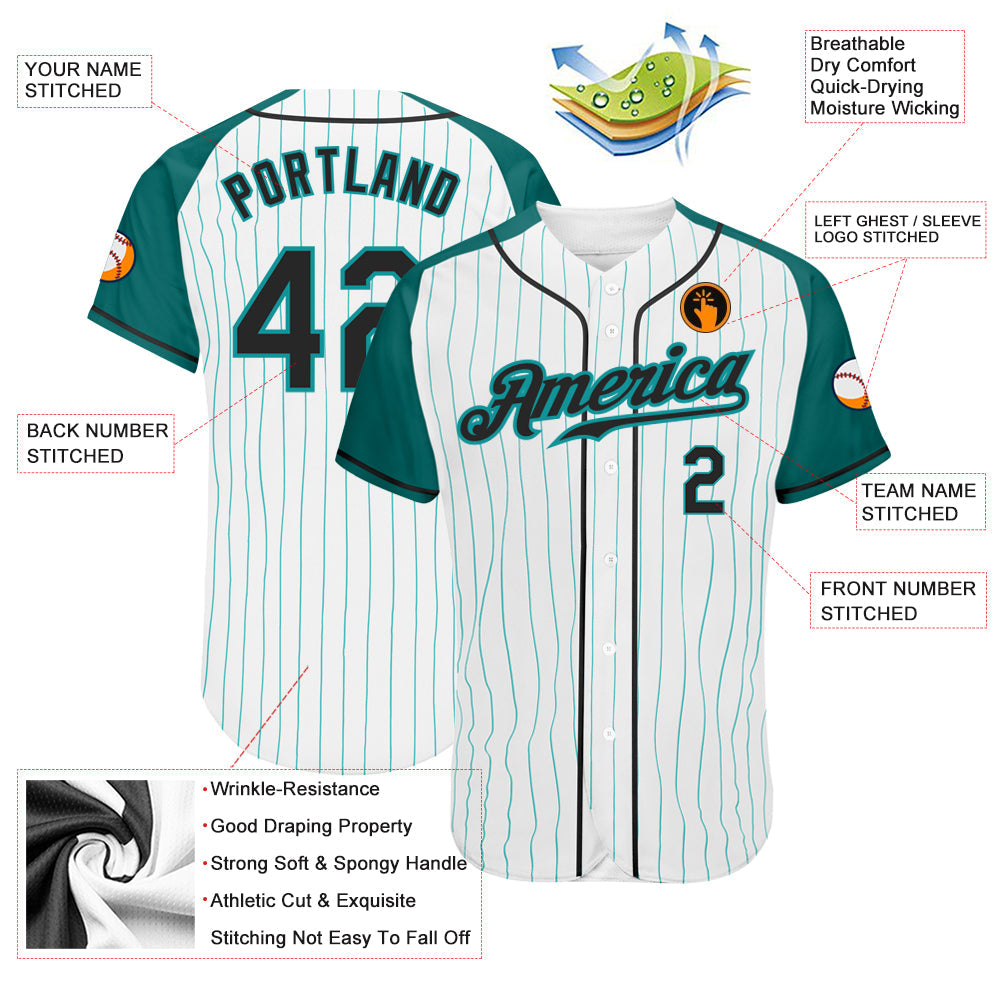 Custom White Aqua Pinstripe Black-Aqua Authentic Raglan Sleeves Baseball Jersey baseball jersey product view 3