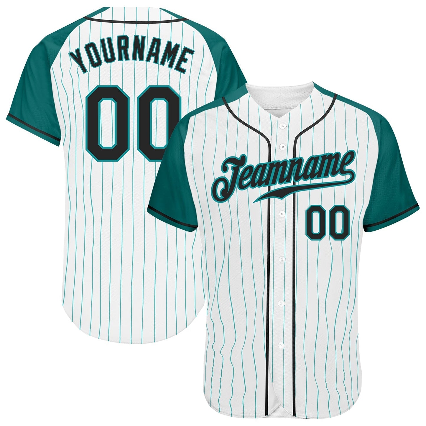 Custom White Aqua Pinstripe Black-Aqua Authentic Raglan Sleeves Baseball Jersey baseball jersey product view 1