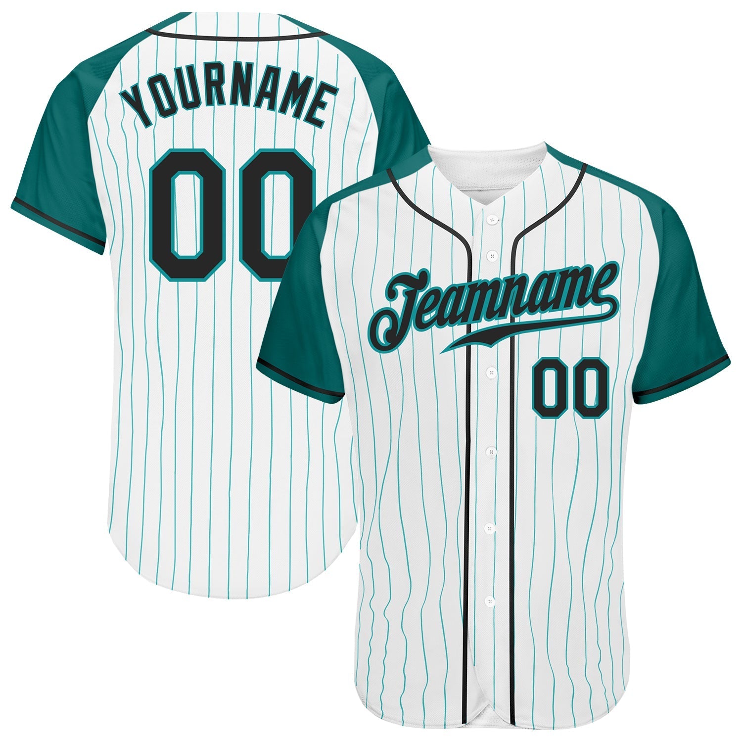 Custom White Aqua Pinstripe Black-Aqua Authentic Raglan Sleeves Baseball Jersey baseball jersey product view 1