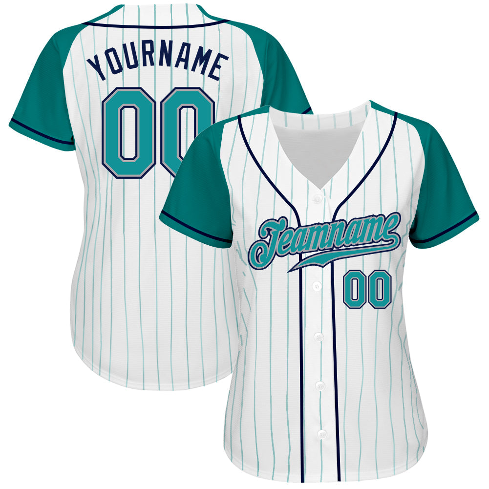 Custom White Aqua Pinstripe Aqua-Navy Authentic Raglan Sleeves Baseball Jersey baseball jersey product view 2
