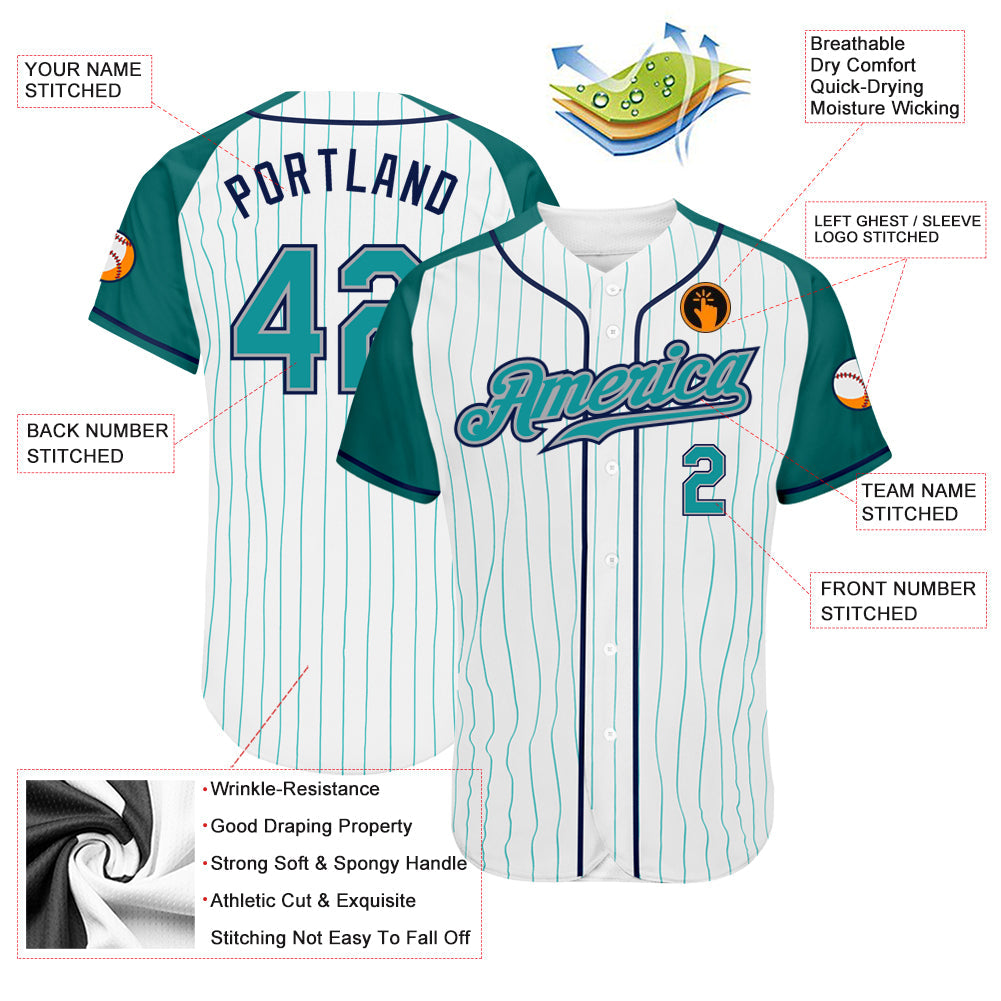 Custom White Aqua Pinstripe Aqua-Navy Authentic Raglan Sleeves Baseball Jersey baseball jersey product view 3