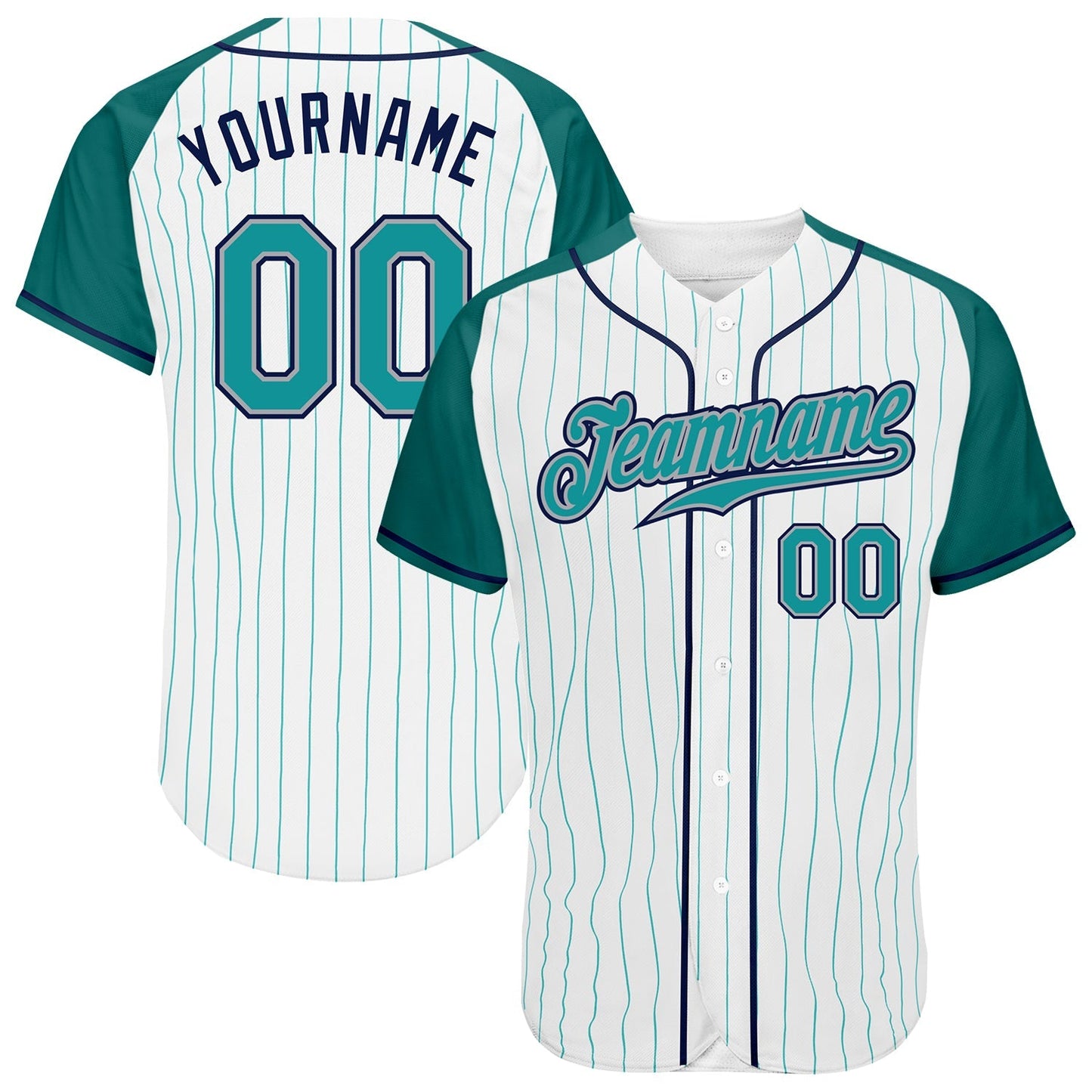 Custom White Aqua Pinstripe Aqua-Navy Authentic Raglan Sleeves Baseball Jersey baseball jersey product view 1