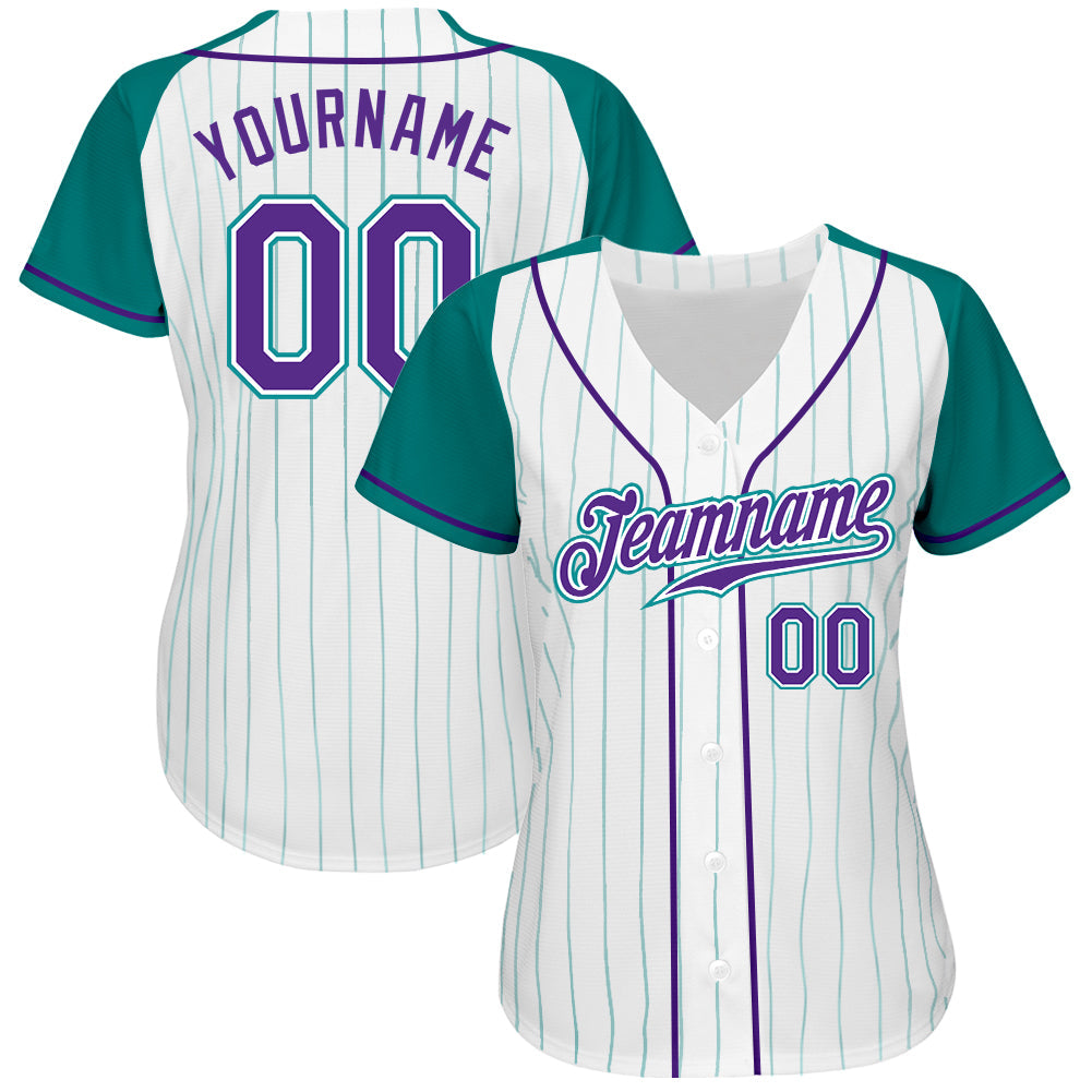 Custom White Aqua Pinstripe Purple-Aqua Authentic Raglan Sleeves Baseball Jersey baseball jersey product view 2