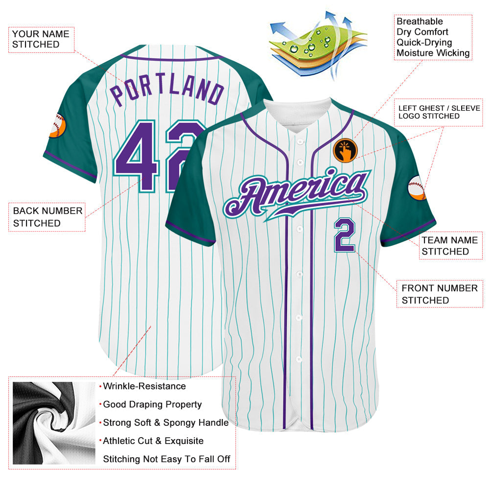 Custom White Aqua Pinstripe Purple-Aqua Authentic Raglan Sleeves Baseball Jersey baseball jersey product view 3