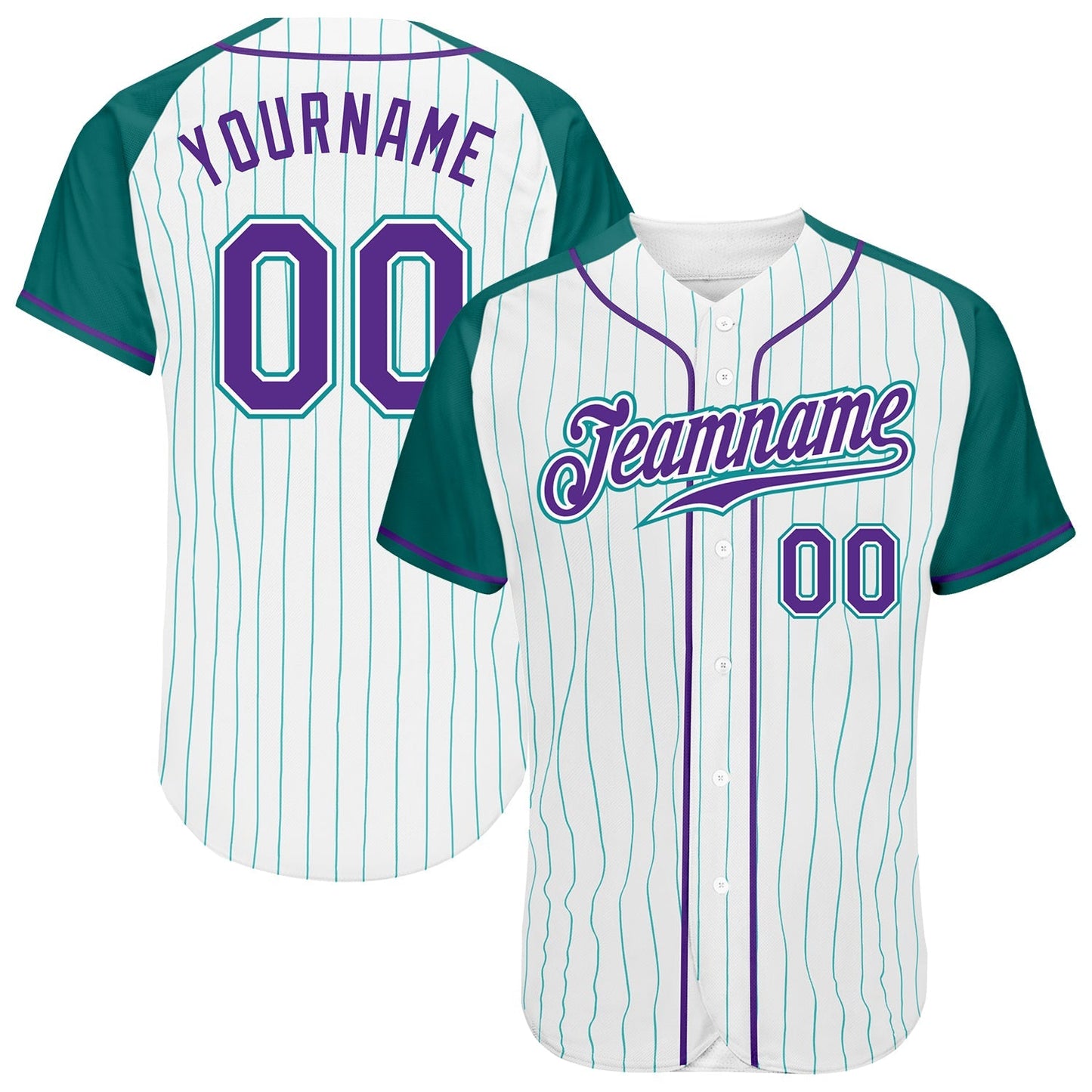 Custom White Aqua Pinstripe Purple-Aqua Authentic Raglan Sleeves Baseball Jersey baseball jersey product view 1