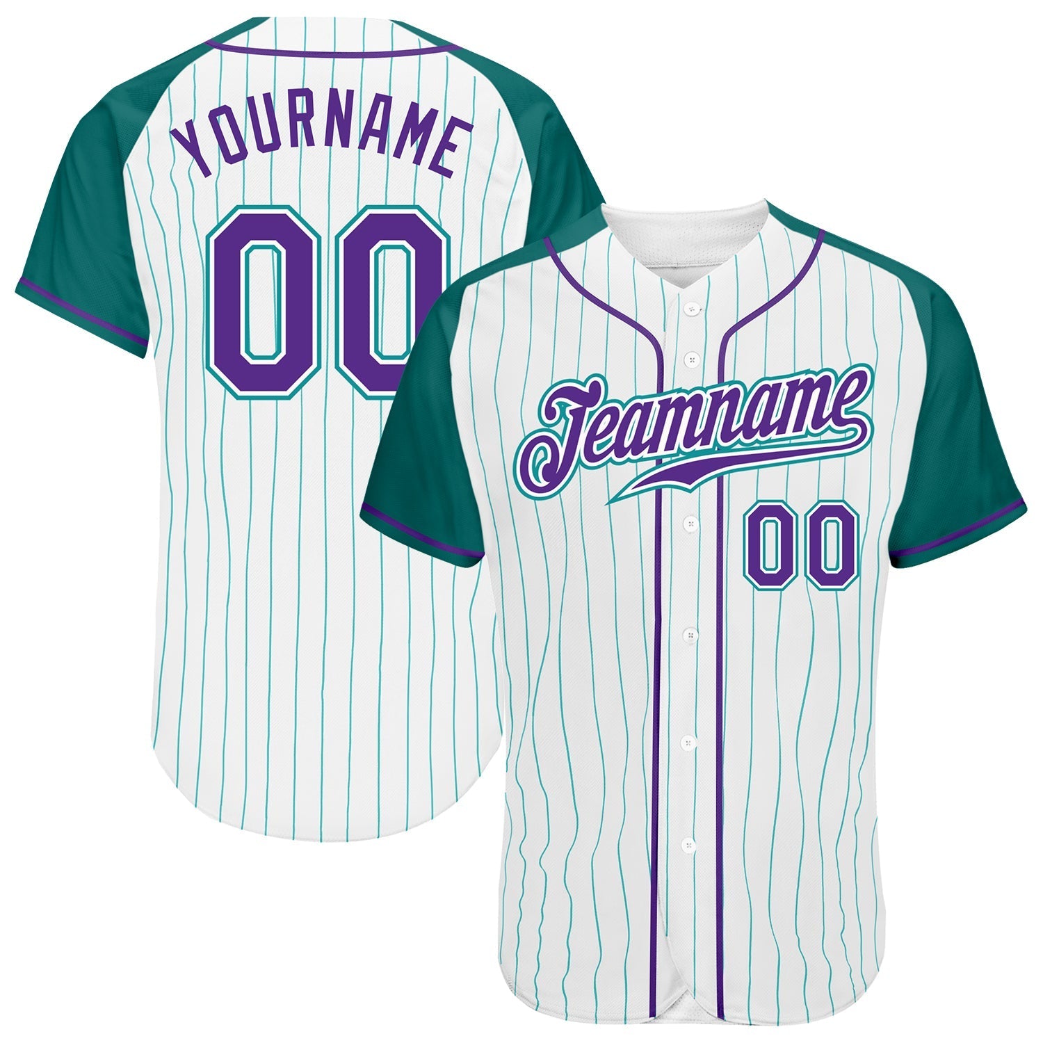 Custom White Aqua Pinstripe Purple-Aqua Authentic Raglan Sleeves Baseball Jersey baseball jersey product view 1