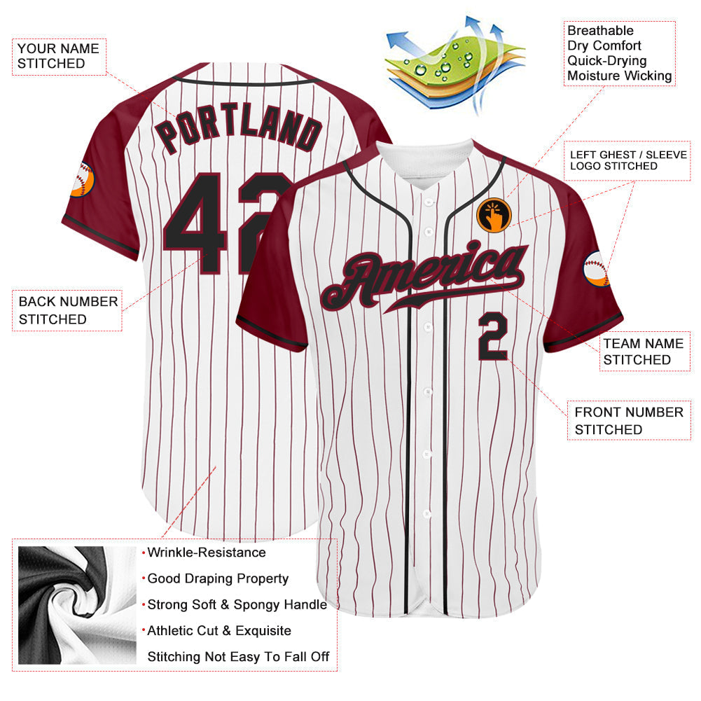 Custom White Crimson Pinstripe Black-Crimson Authentic Raglan Sleeves Baseball Jersey baseball jersey product view 3