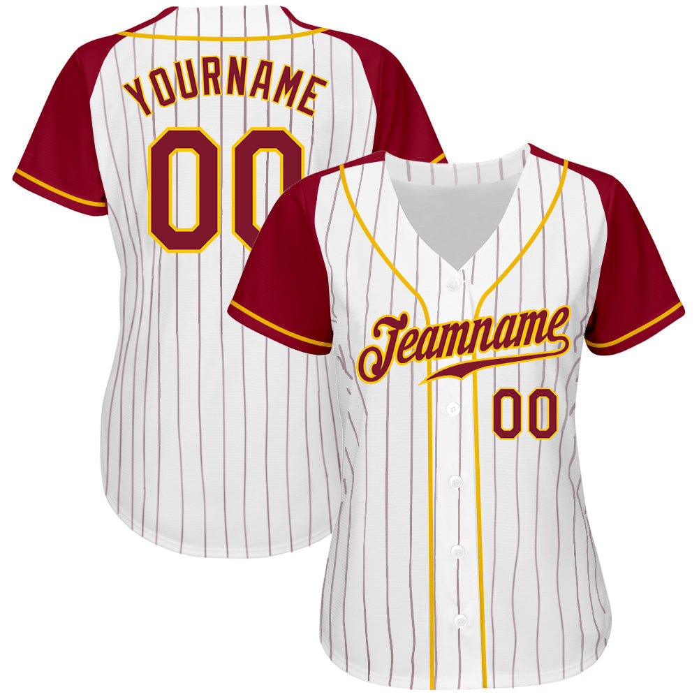 Custom White Crimson Pinstripe Crimson-Gold Authentic Raglan Sleeves Baseball Jersey baseball jersey product view 2