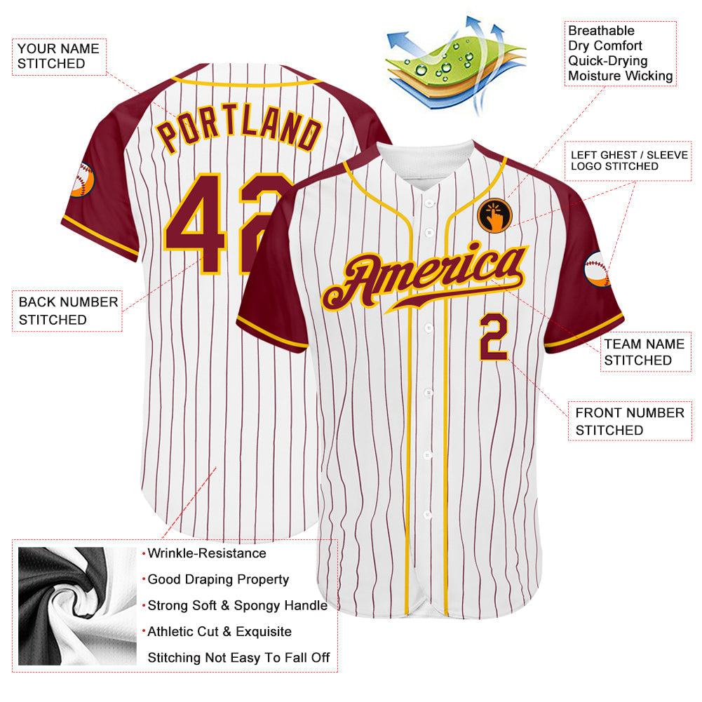 Custom White Crimson Pinstripe Crimson-Gold Authentic Raglan Sleeves Baseball Jersey baseball jersey product view 3