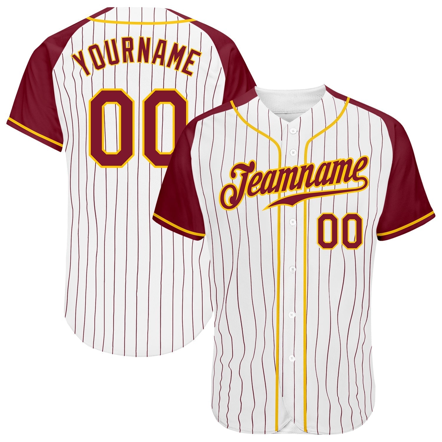 Custom White Crimson Pinstripe Crimson-Gold Authentic Raglan Sleeves Baseball Jersey baseball jersey product view 1