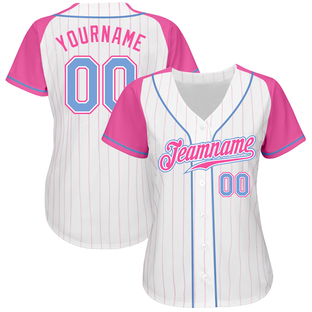 Custom White Pink Pinstripe Light Blue-Pink Authentic Raglan Sleeves Baseball Jersey baseball jersey product view 2
