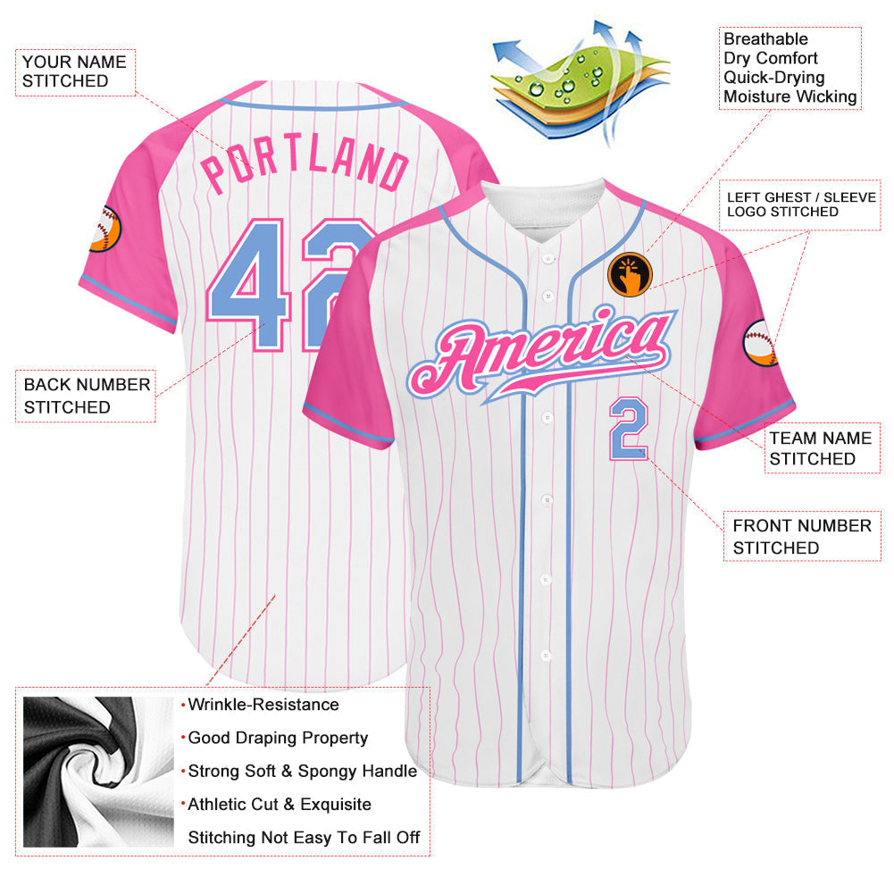 Custom White Pink Pinstripe Light Blue-Pink Authentic Raglan Sleeves Baseball Jersey baseball jersey product view 3