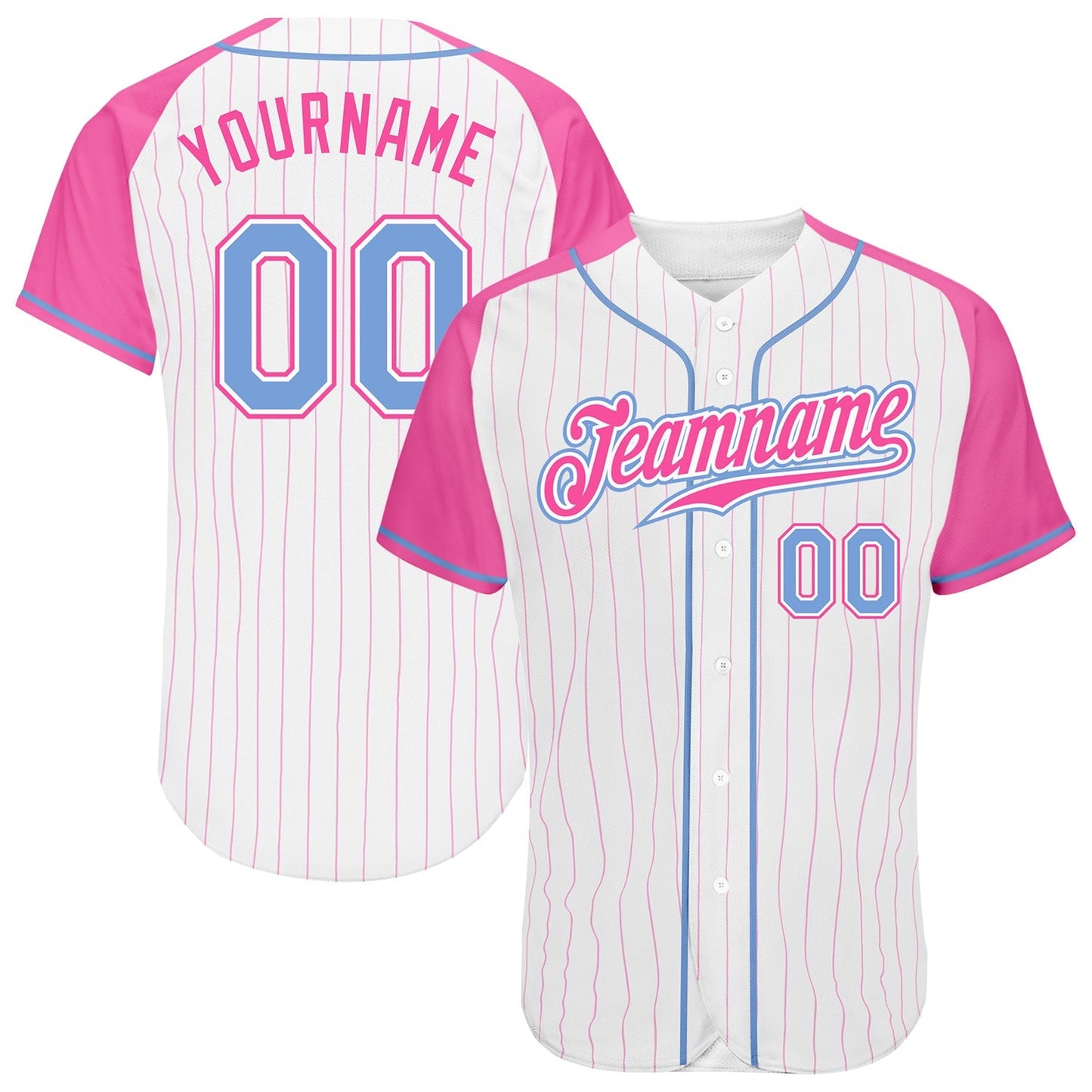 Custom White Pink Pinstripe Light Blue-Pink Authentic Raglan Sleeves Baseball Jersey baseball jersey product view 1