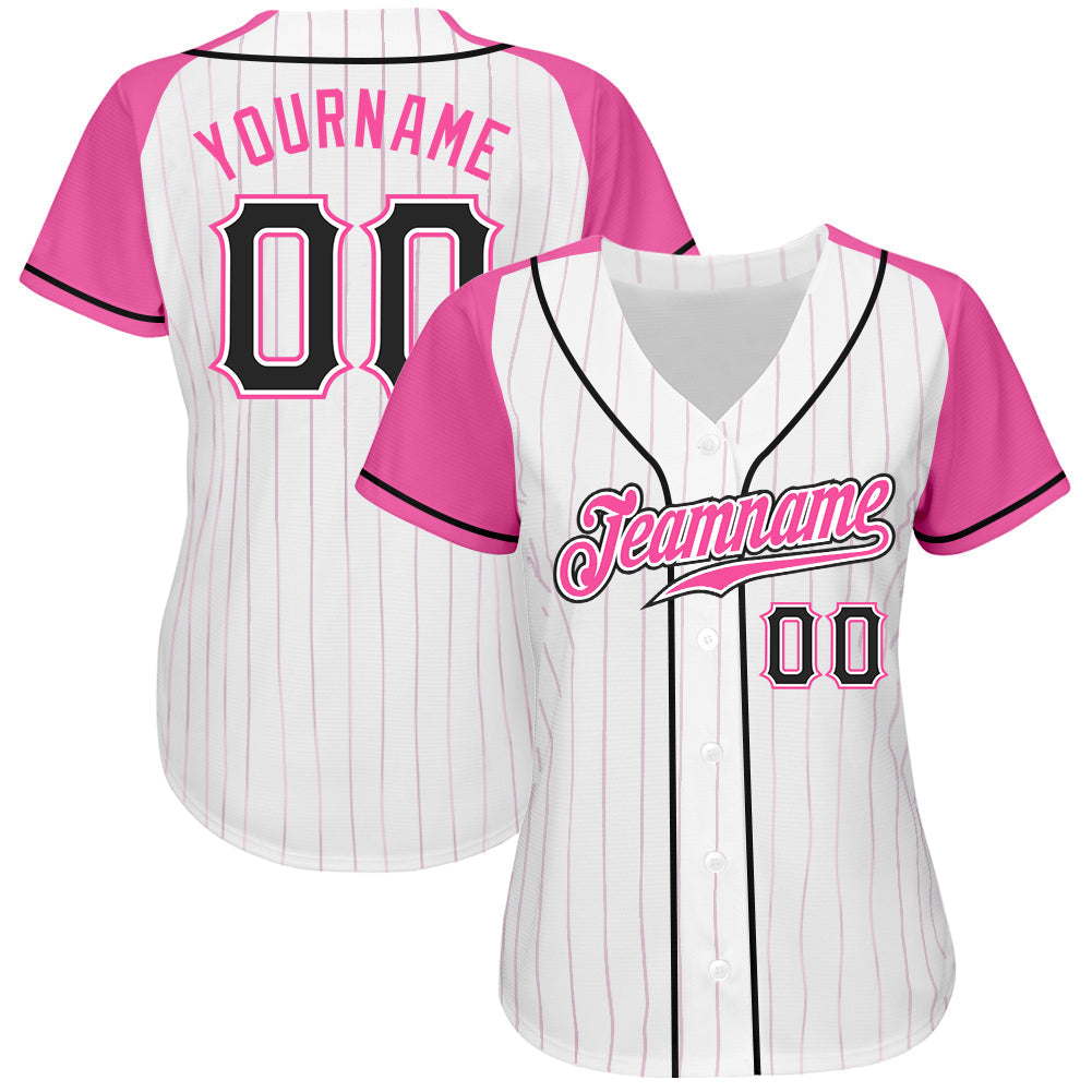 Custom White Pink Pinstripe Black-Pink Authentic Raglan Sleeves Baseball Jersey baseball jersey product view 2