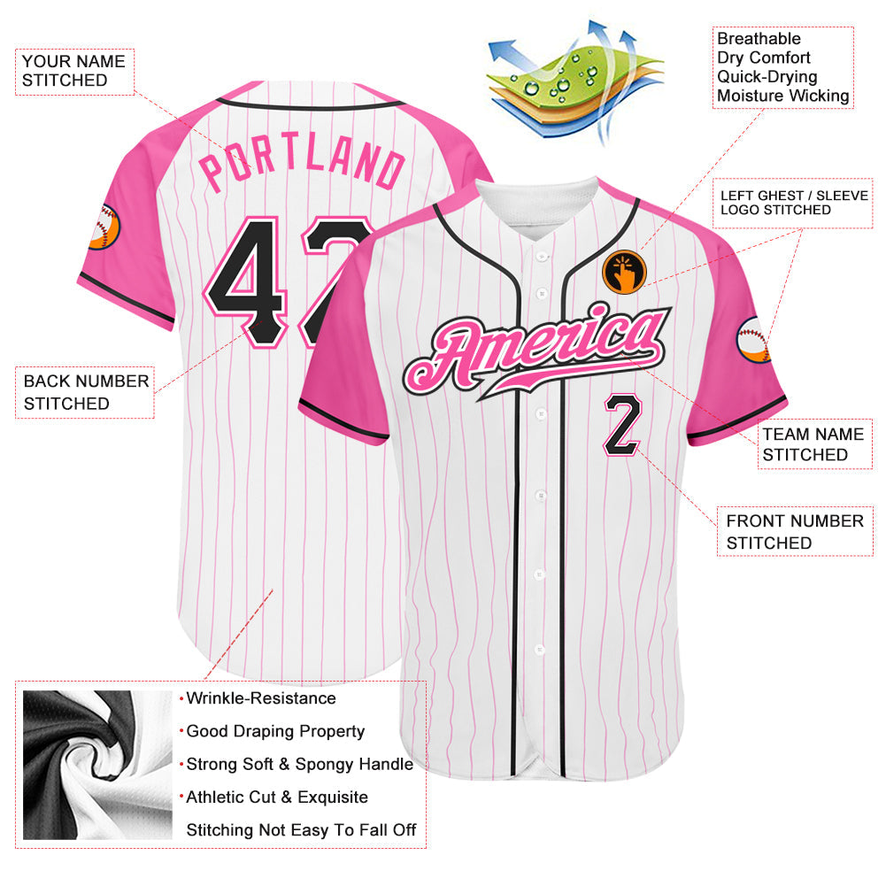 Custom White Pink Pinstripe Black-Pink Authentic Raglan Sleeves Baseball Jersey baseball jersey product view 3