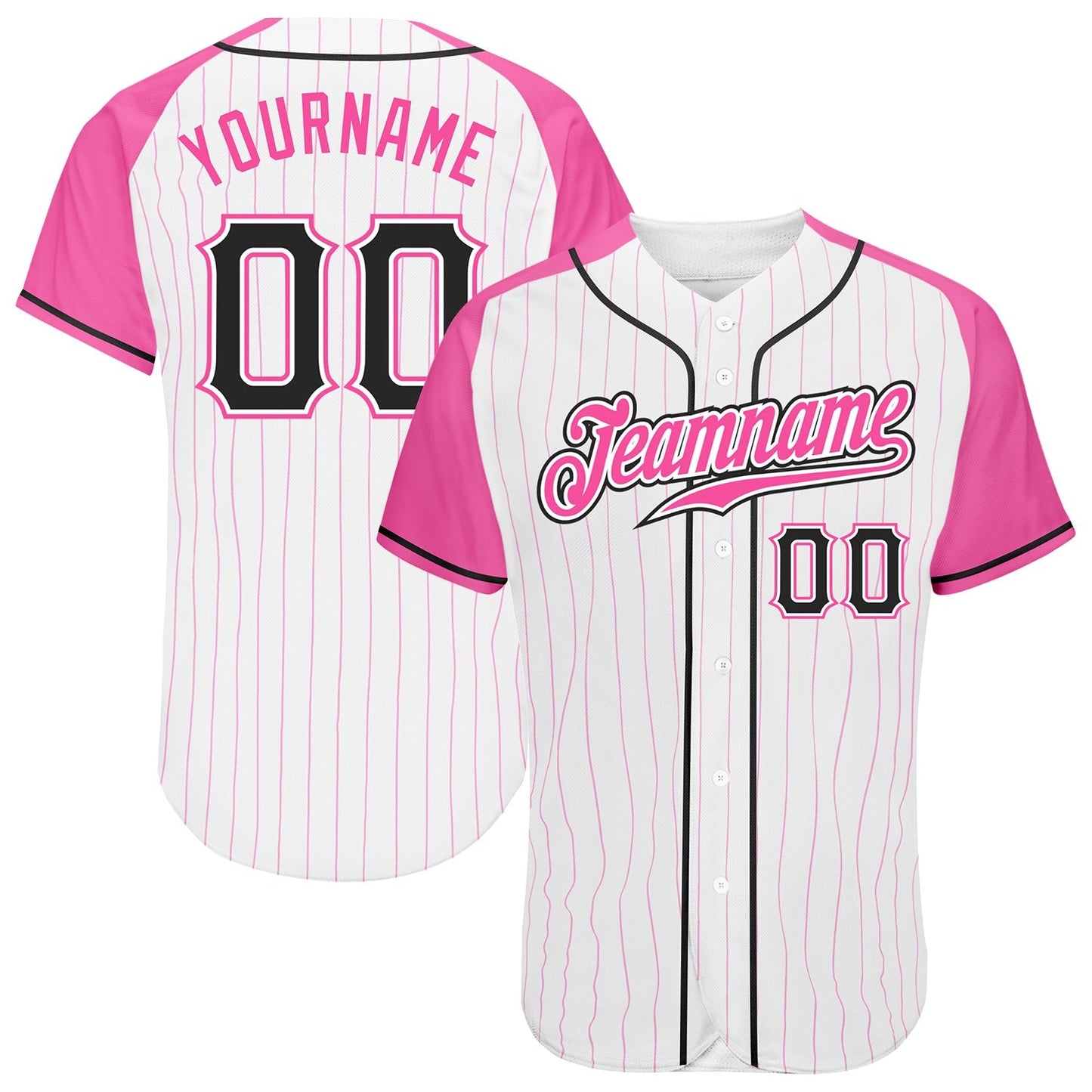 Custom White Pink Pinstripe Black-Pink Authentic Raglan Sleeves Baseball Jersey baseball jersey product view 1