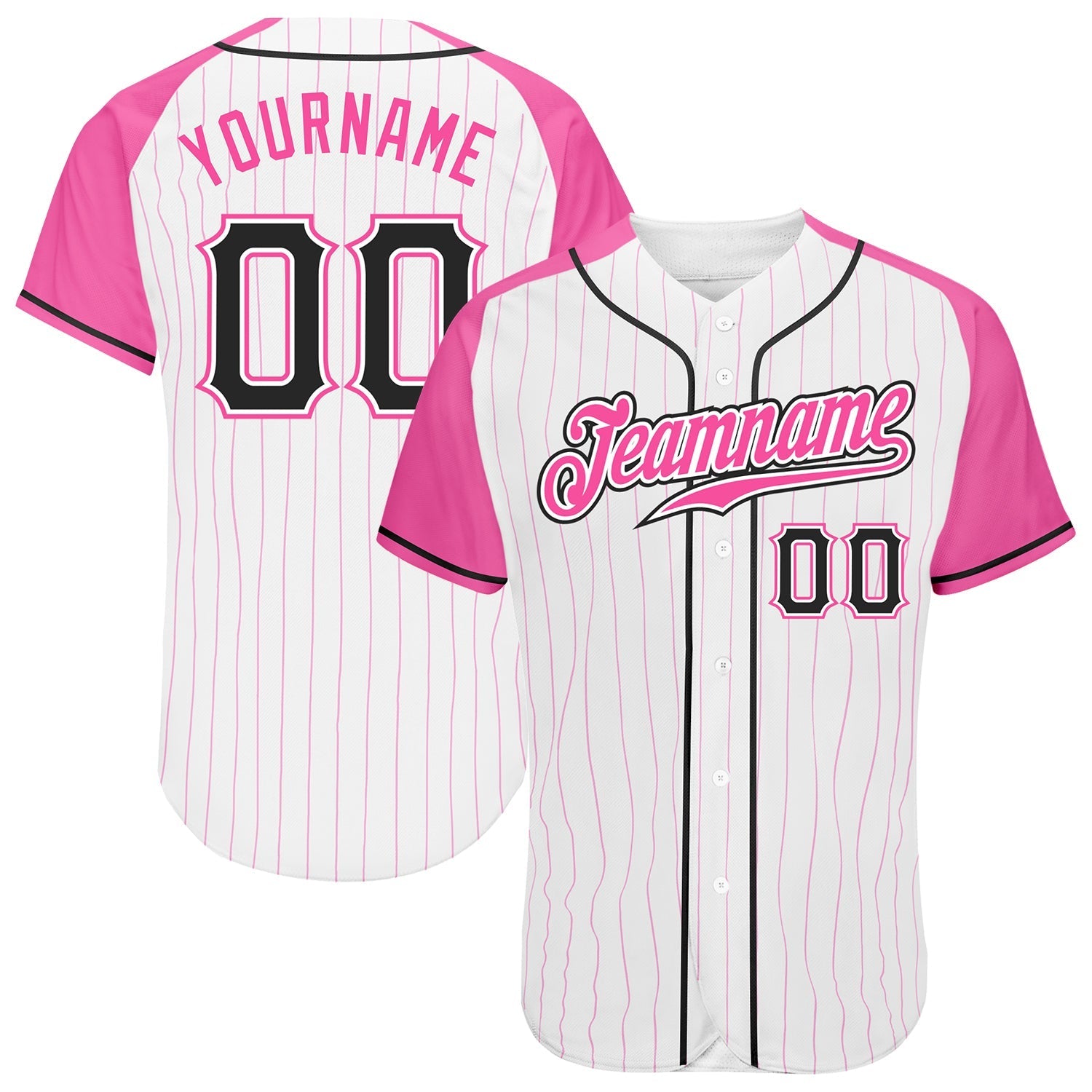 Custom White Pink Pinstripe Black-Pink Authentic Raglan Sleeves Baseball Jersey baseball jersey product view 1
