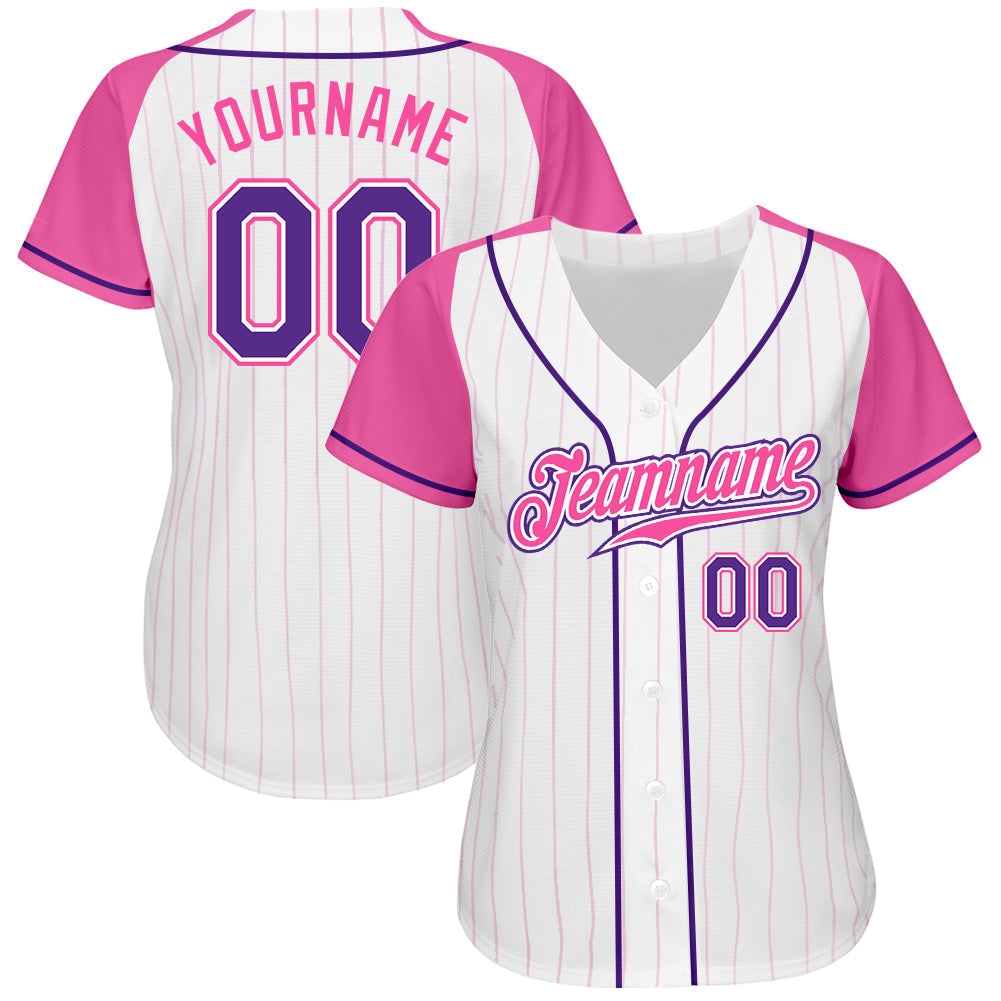 Custom White Pink Pinstripe Purple-Pink Authentic Raglan Sleeves Baseball Jersey baseball jersey product view 2