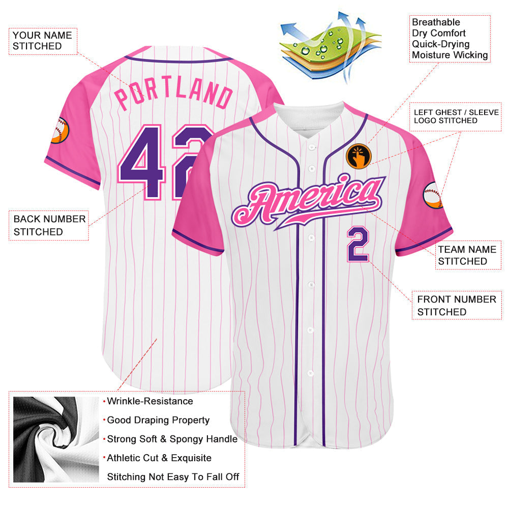Custom White Pink Pinstripe Purple-Pink Authentic Raglan Sleeves Baseball Jersey baseball jersey product view 3