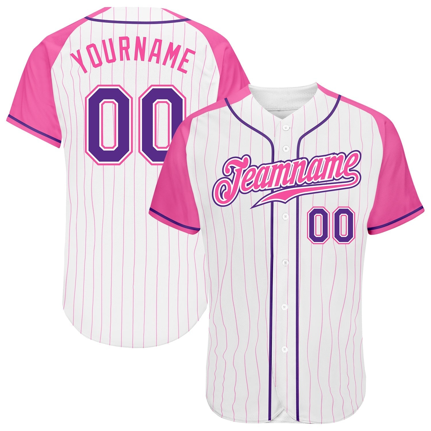 Custom White Pink Pinstripe Purple-Pink Authentic Raglan Sleeves Baseball Jersey baseball jersey product view 1