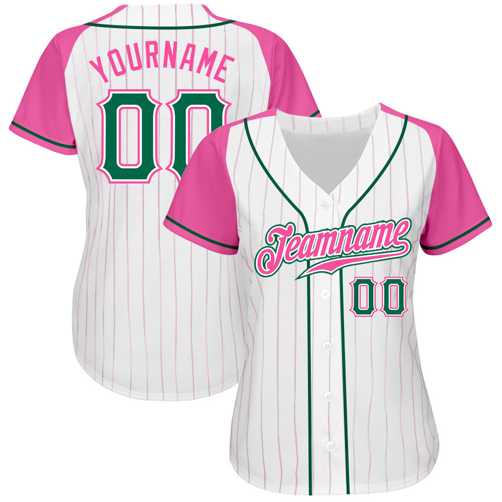 Custom White Pink Pinstripe Kelly Green-Pink Authentic Raglan Sleeves Baseball Jersey baseball jersey product view 2