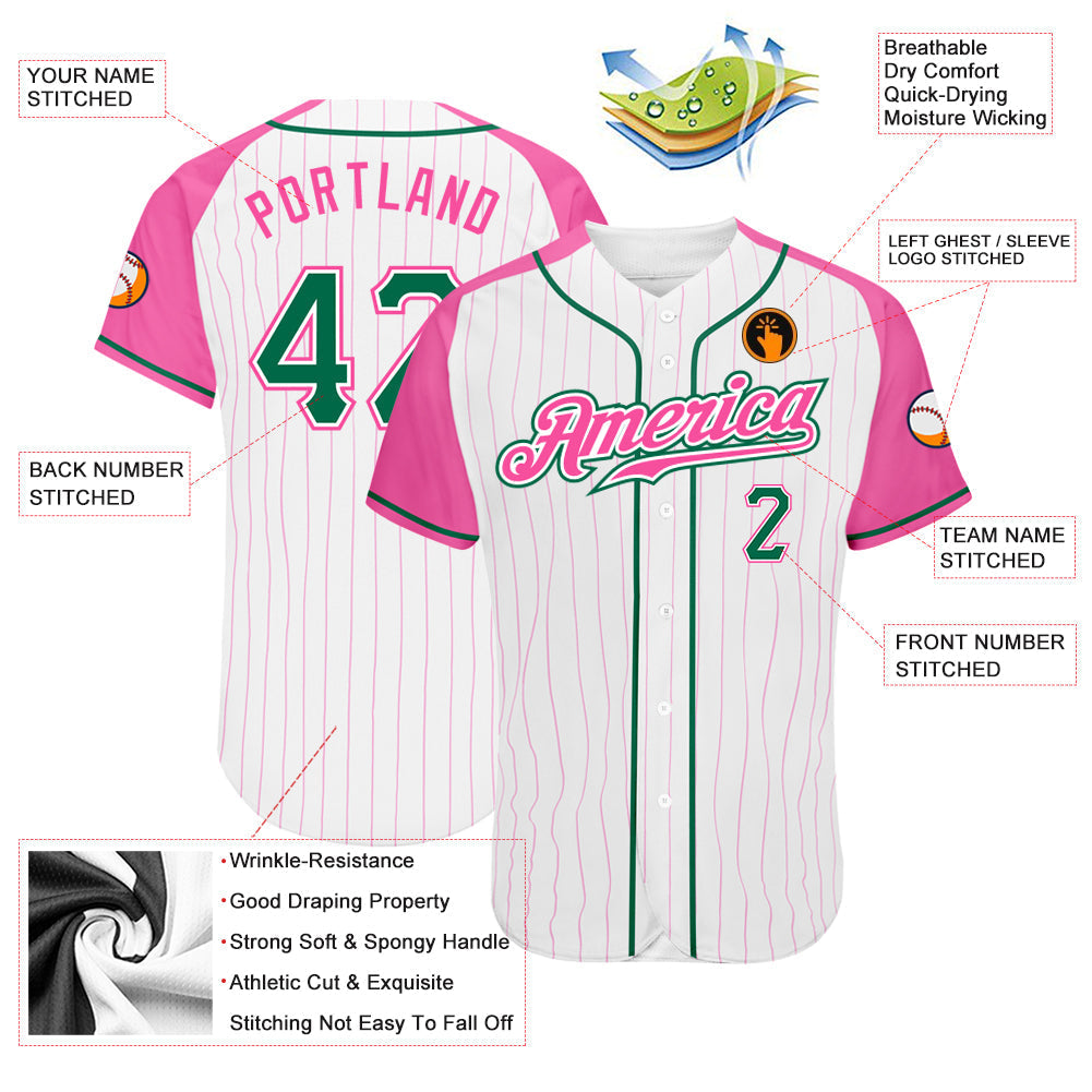 Custom White Pink Pinstripe Kelly Green-Pink Authentic Raglan Sleeves Baseball Jersey baseball jersey product view 3
