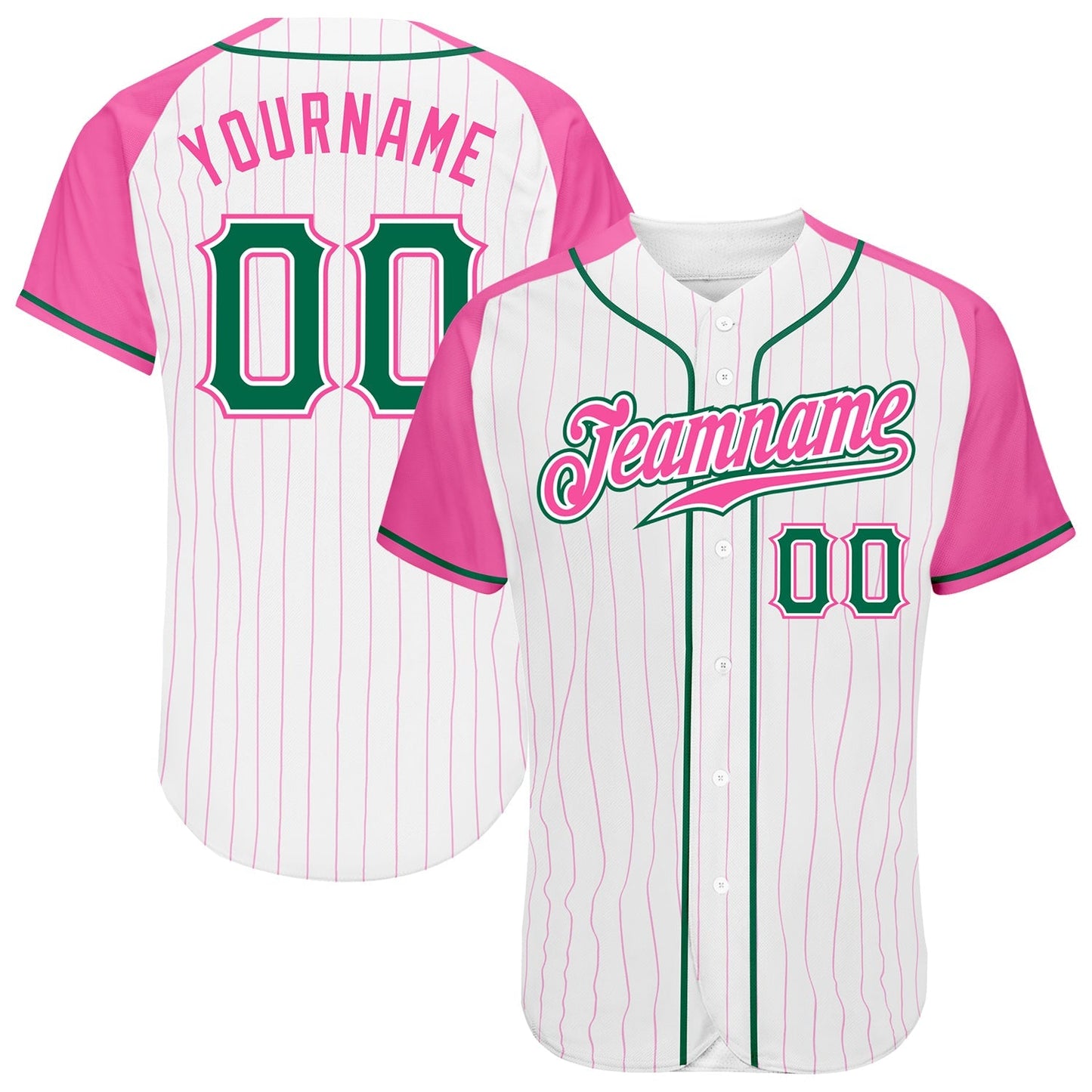 Custom White Pink Pinstripe Kelly Green-Pink Authentic Raglan Sleeves Baseball Jersey baseball jersey product view 1