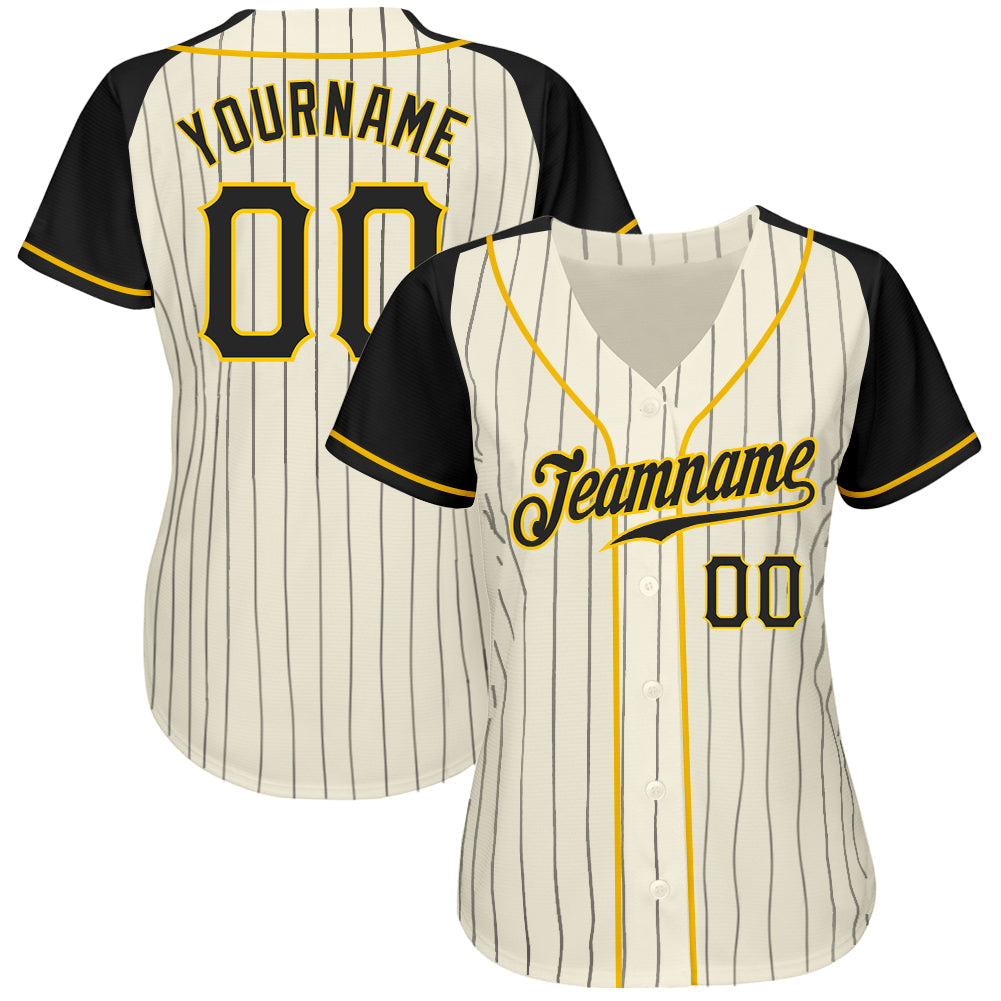 Custom Cream Black Pinstripe Black-Gold Authentic Raglan Sleeves Baseball Jersey baseball jersey product view 2
