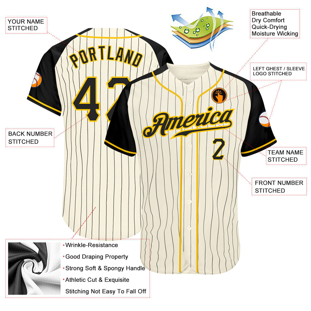 Custom Cream Black Pinstripe Black-Gold Authentic Raglan Sleeves Baseball Jersey baseball jersey product view 3