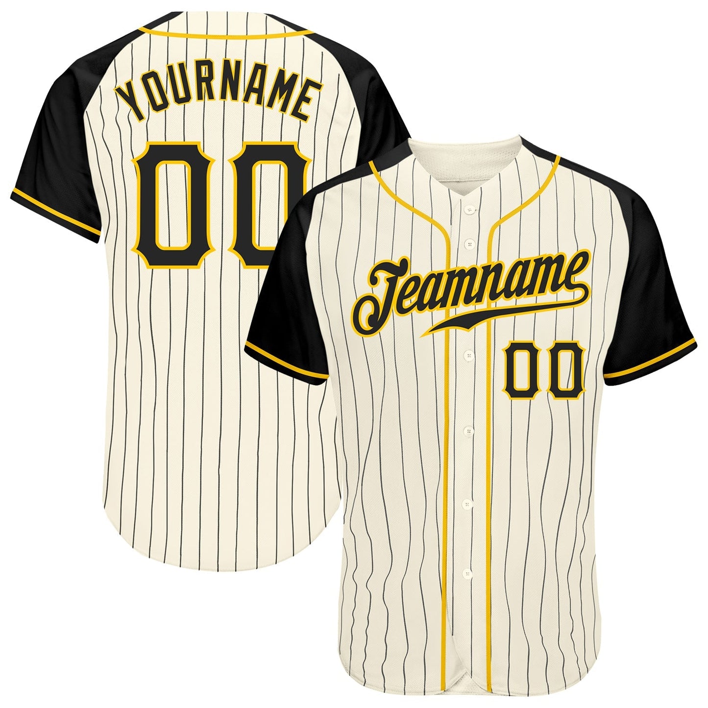 Custom Cream Black Pinstripe Black-Gold Authentic Raglan Sleeves Baseball Jersey baseball jersey product view 1