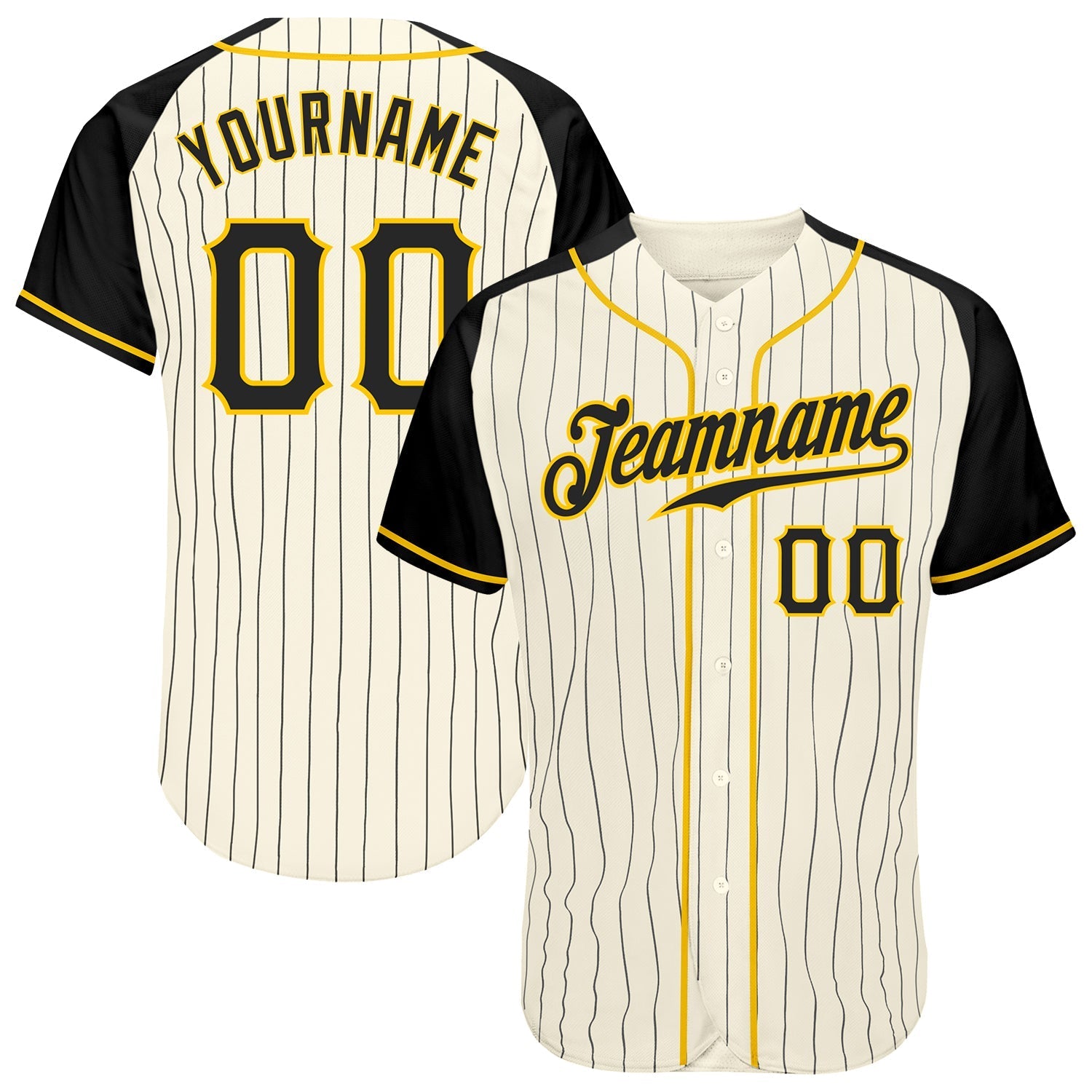 Custom Cream Black Pinstripe Black-Gold Authentic Raglan Sleeves Baseball Jersey baseball jersey product view 1