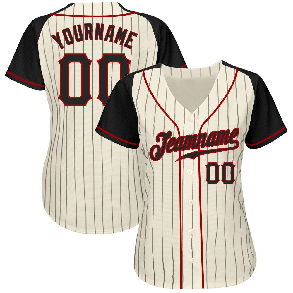 Custom Cream Black Pinstripe Black-Red Authentic Raglan Sleeves Baseball Jersey baseball jersey product view 2