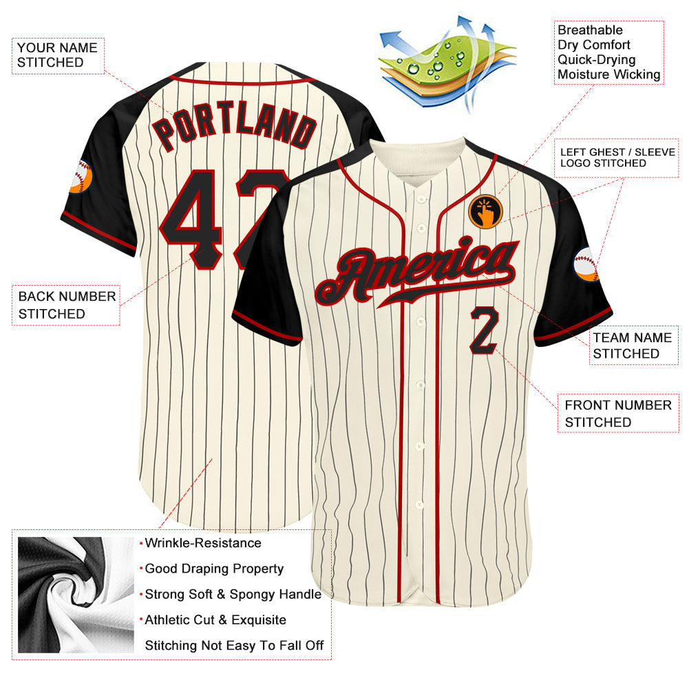 Custom Cream Black Pinstripe Black-Red Authentic Raglan Sleeves Baseball Jersey baseball jersey product view 3