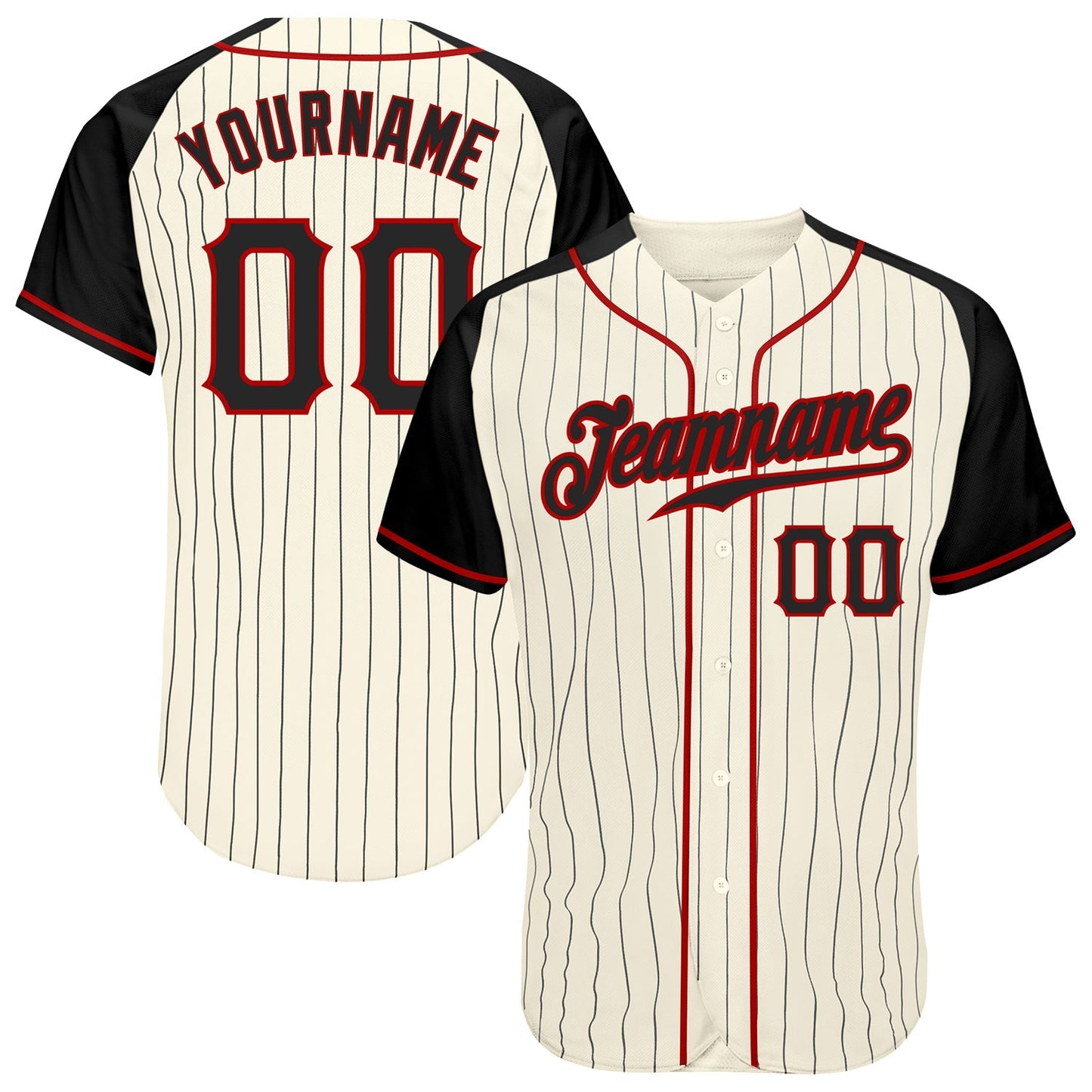 Custom Cream Black Pinstripe Black-Red Authentic Raglan Sleeves Baseball Jersey baseball jersey product view 1