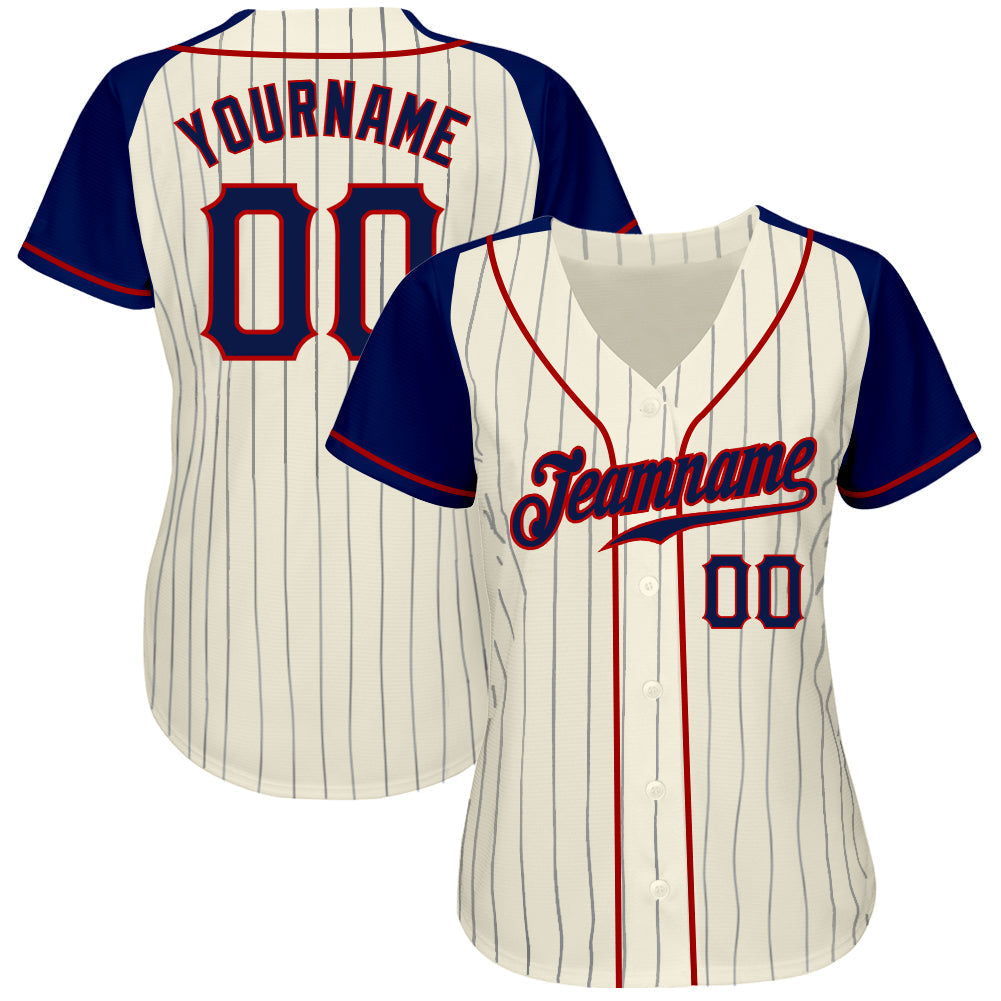 Custom Cream Navy Pinstripe Navy-Red Authentic Raglan Sleeves Baseball Jersey baseball jersey product view 3