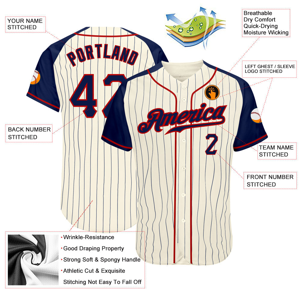 Custom Cream Navy Pinstripe Navy-Red Authentic Raglan Sleeves Baseball Jersey baseball jersey product view 4