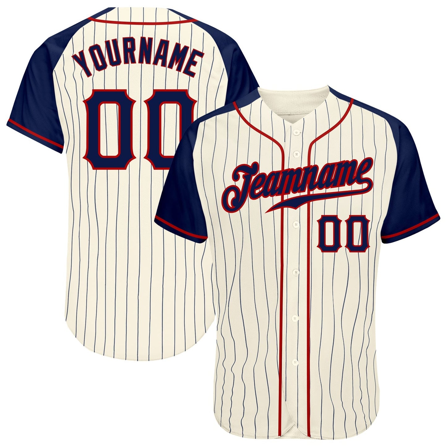 Custom Cream Navy Pinstripe Navy-Red Authentic Raglan Sleeves Baseball Jersey baseball jersey product view 1