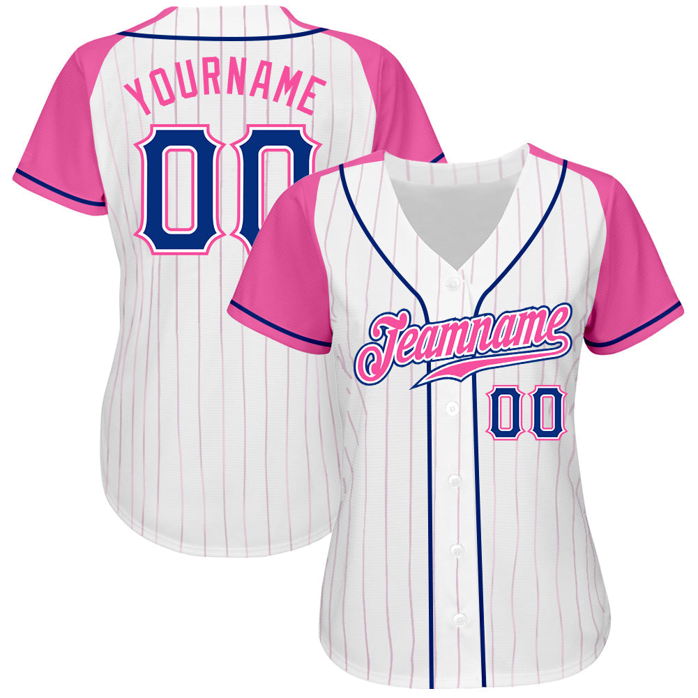Custom White Pink Pinstripe Royal-Pink Authentic Raglan Sleeves Baseball Jersey baseball jersey product view 2