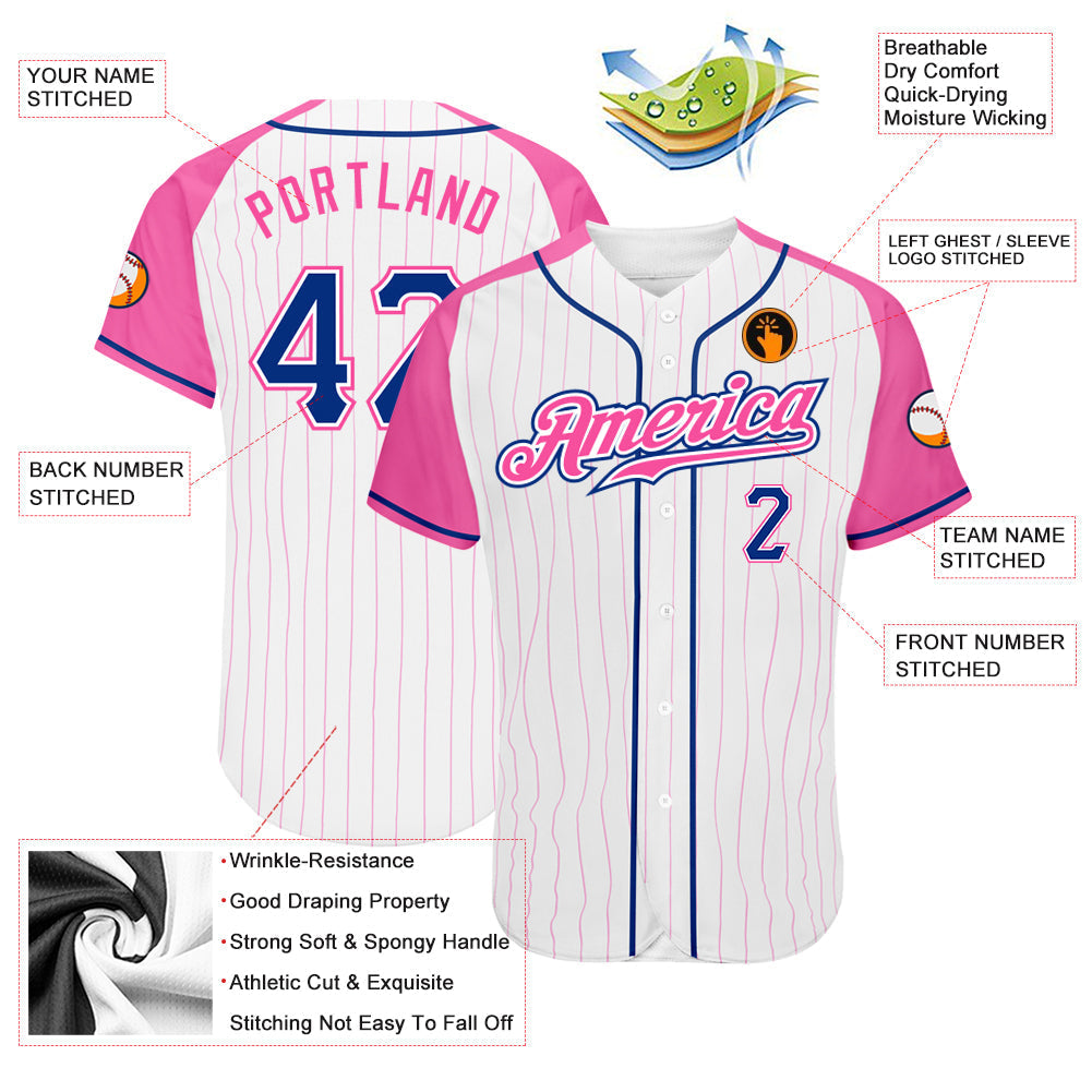 Custom White Pink Pinstripe Royal-Pink Authentic Raglan Sleeves Baseball Jersey baseball jersey product view 3