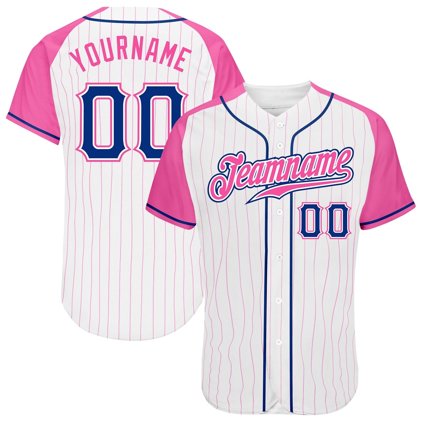 Custom White Pink Pinstripe Royal-Pink Authentic Raglan Sleeves Baseball Jersey baseball jersey product view 1