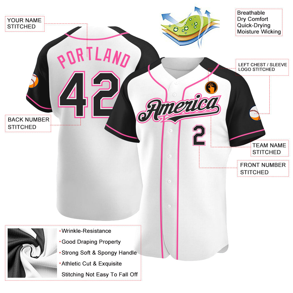 Custom White Black-Pink Authentic Raglan Sleeves Baseball Jersey baseball jersey product view 3