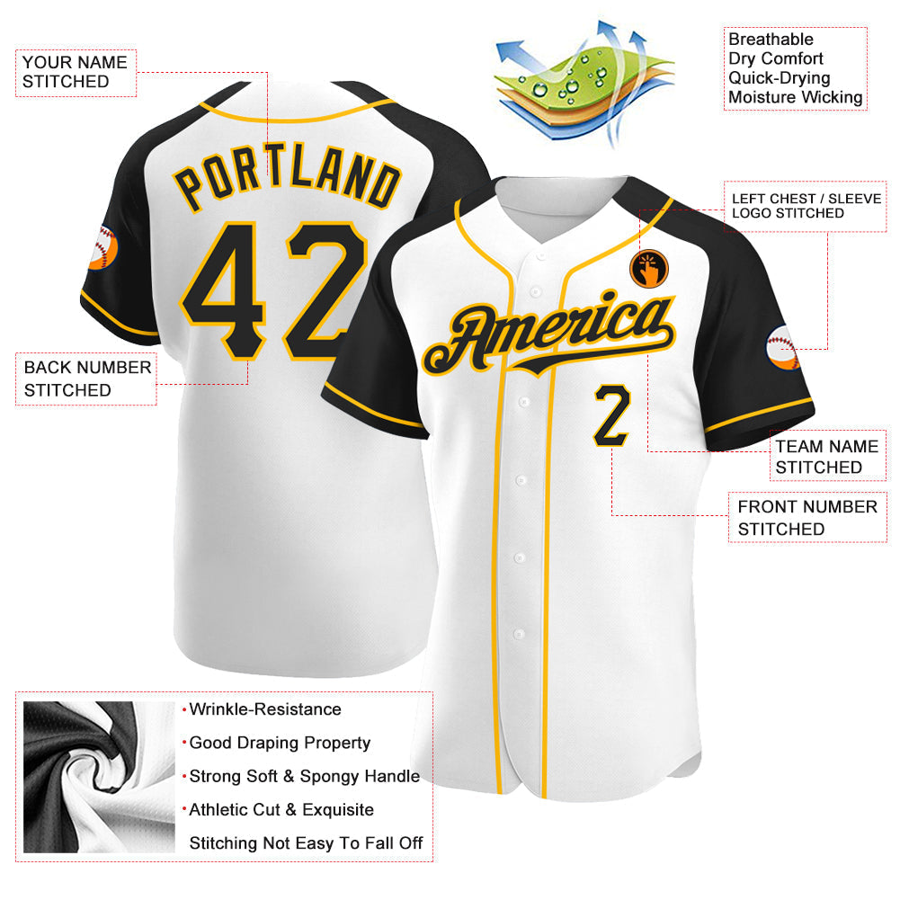 Custom White Black-Gold Authentic Raglan Sleeves Baseball Jersey baseball jersey product view 3