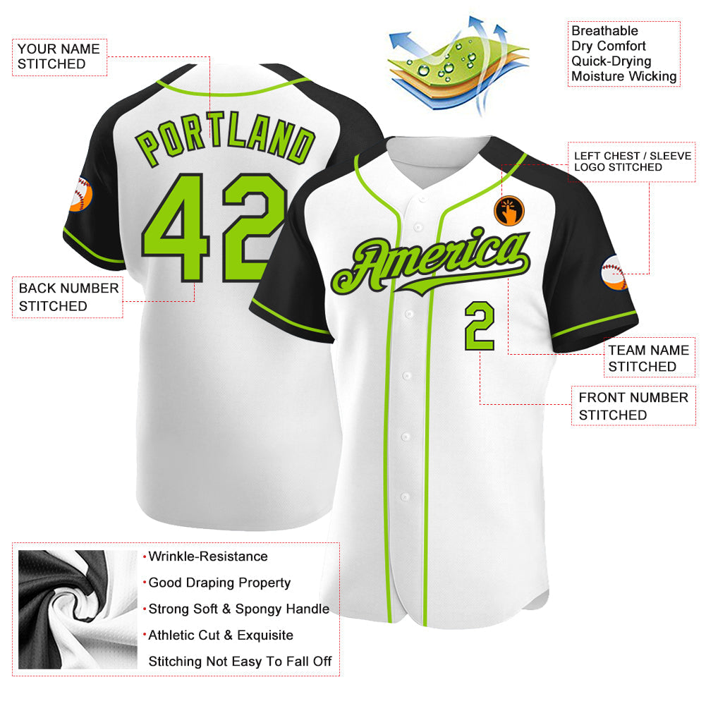 Custom White Neon Green-Black Authentic Raglan Sleeves Baseball Jersey baseball jersey product view 3