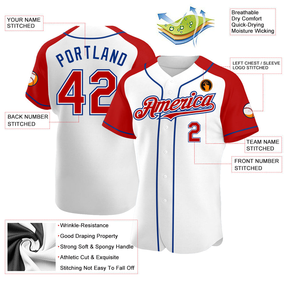 Custom White Red-Royal Authentic Raglan Sleeves Baseball Jersey baseball jersey product view 3