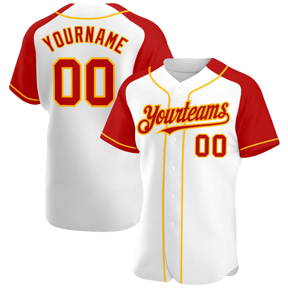 Custom White Red-Gold Authentic Raglan Sleeves Baseball Jersey baseball jersey product view 1