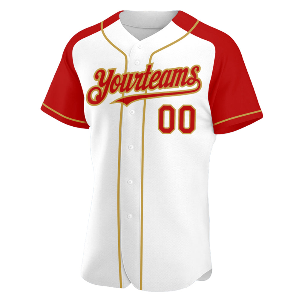 Custom White Red-Old Gold Authentic Raglan Sleeves Baseball Jersey baseball jersey product view 2