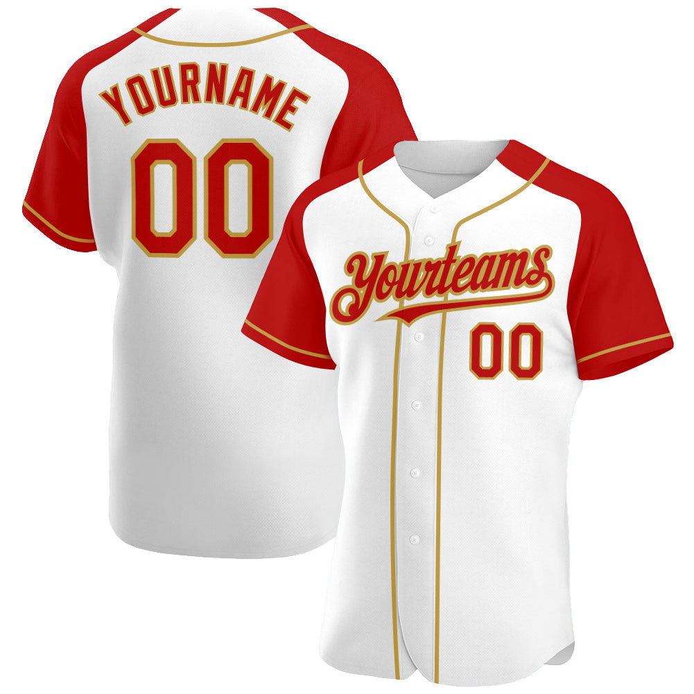 Custom White Red-Old Gold Authentic Raglan Sleeves Baseball Jersey baseball jersey product view 1